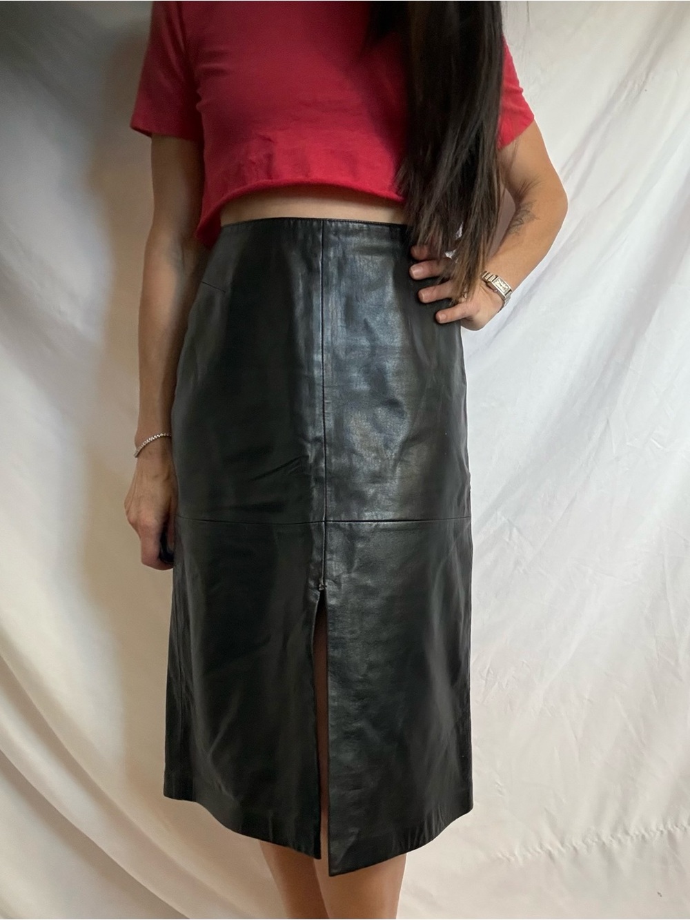 Classic Black Leather Midi Skirt with Front Slit